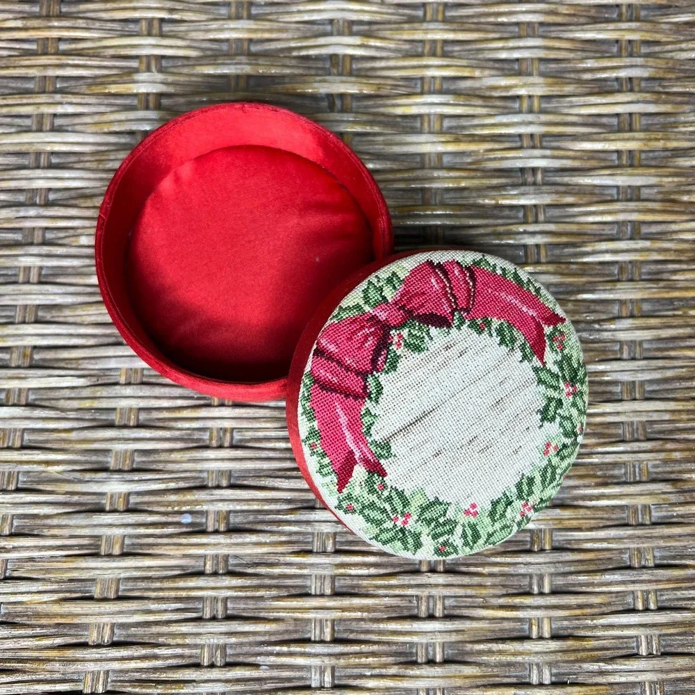 Vintage Red Satin & Tapestry Trinket Box Christmas Box